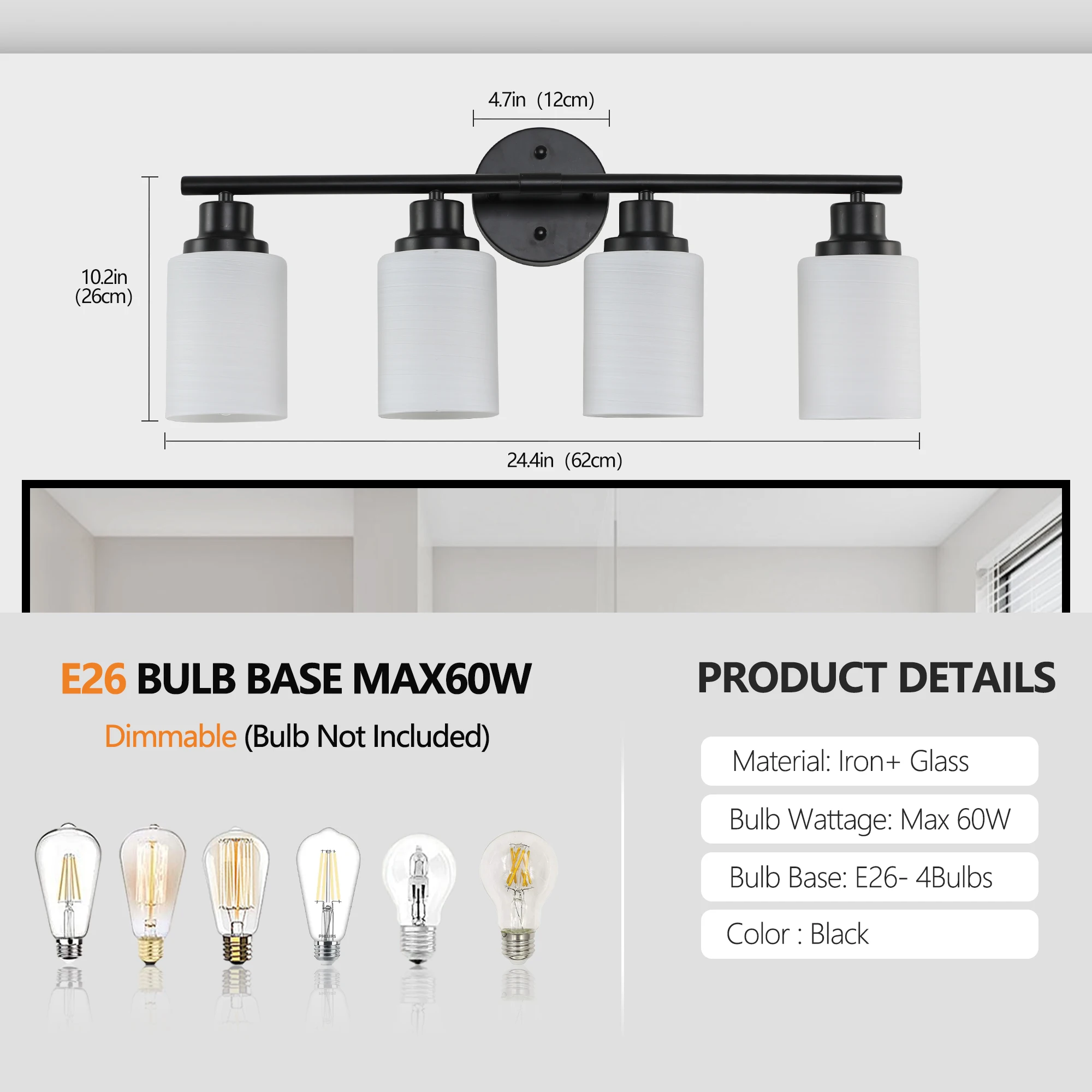 Modern 4-Light Vanity Bathroom Mirror Light, Frosted White Glass with Black Iron Frame(Bulb Not Included)