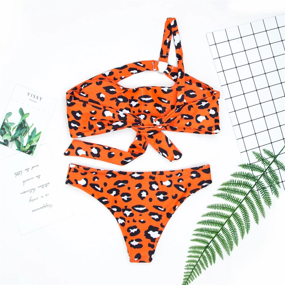 Leopard Swimsuit Rings Bandage Tie Back Hollow Out Bikini One-shoulder Swimwear Women Beach Outfit Bathing Suits Biquinis Tangas