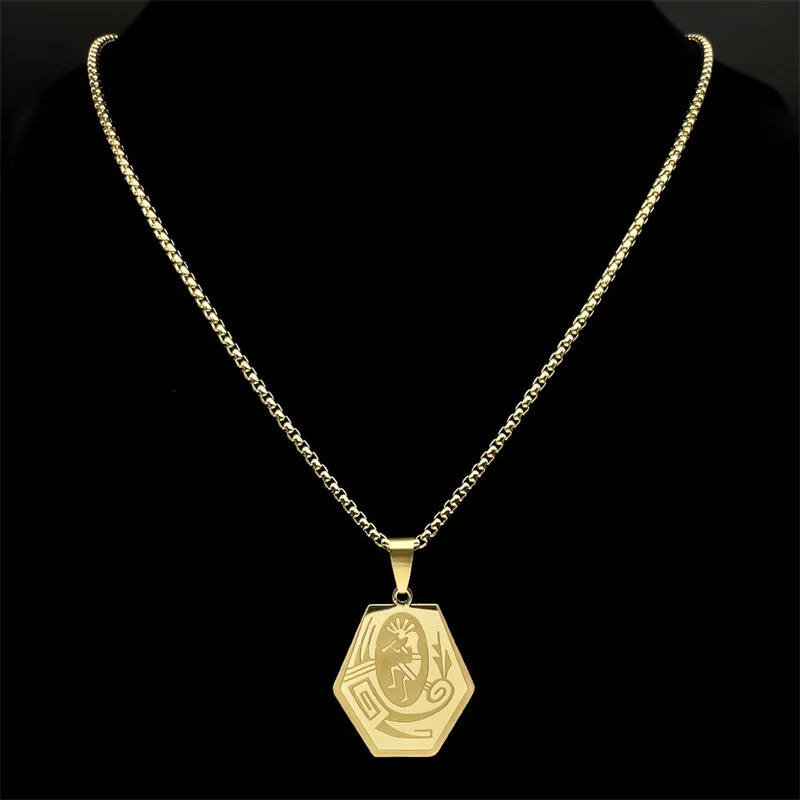 Kokopelli Fertility God Necklace for Women Men Stainless Steel Gold Silver Color Indian Native Coarse Flute Player Chain Jewelry