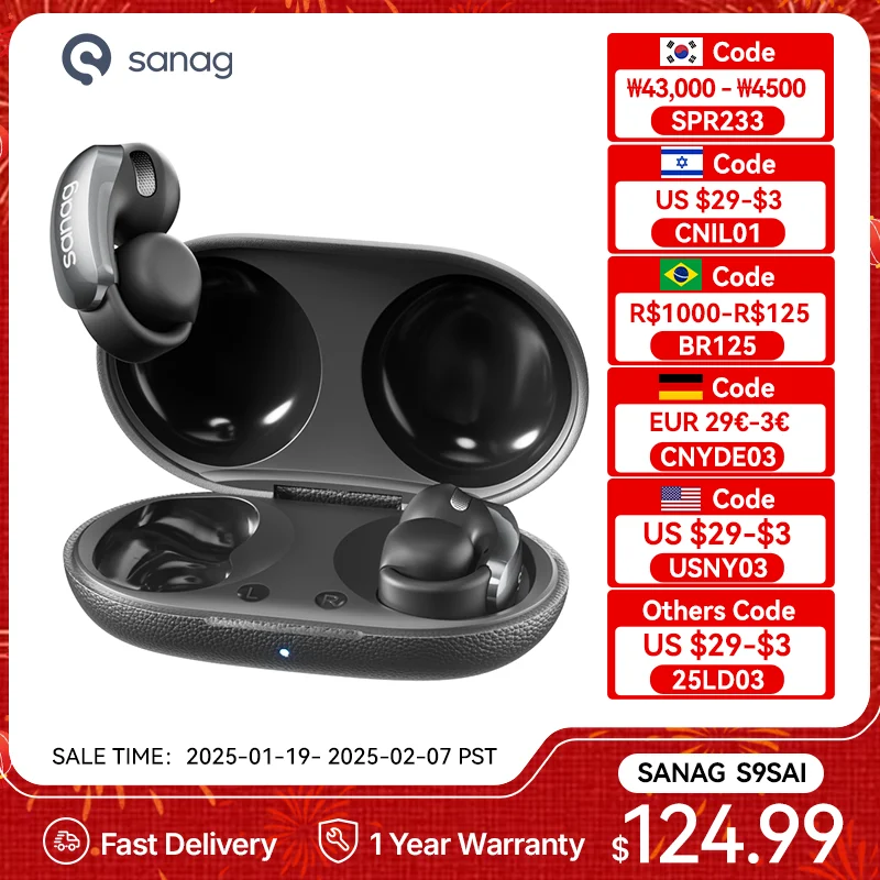 Sanag S9S AI Wireless Earphone OWS Ear Clip Headset Bluetooth 5.4 AI Voice Translation Headphone IPX4 Stretchable Sports Earbuds