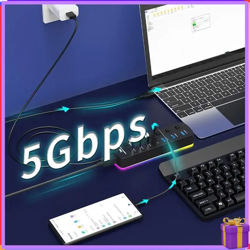 

Усовершенствованный концентратор RGB USB 3.0, 7 портов, адаптер USB-порта, 5 Гбит/с, индивидуальный переключатель включения/выключения, разветвитель, игровой USB-концентратор для портативного ПК, компьютера