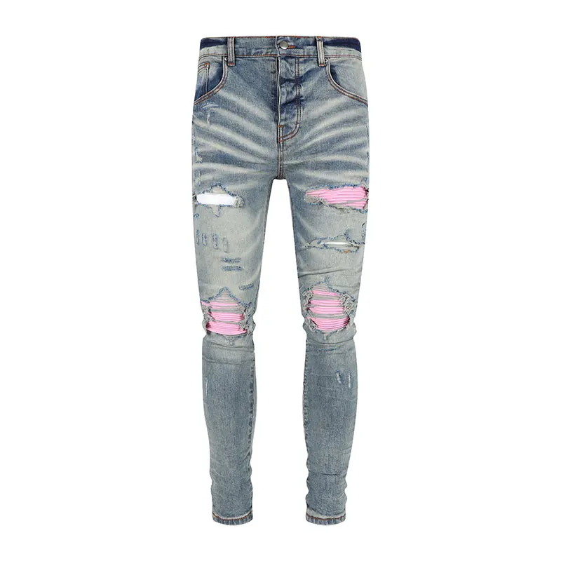 Street Fashion Men Jeans Retro Washed Blue Stretch Skinny Fit Ripped Jeans Men Pink Leather Patched Brand Designer Hip Hop Pants