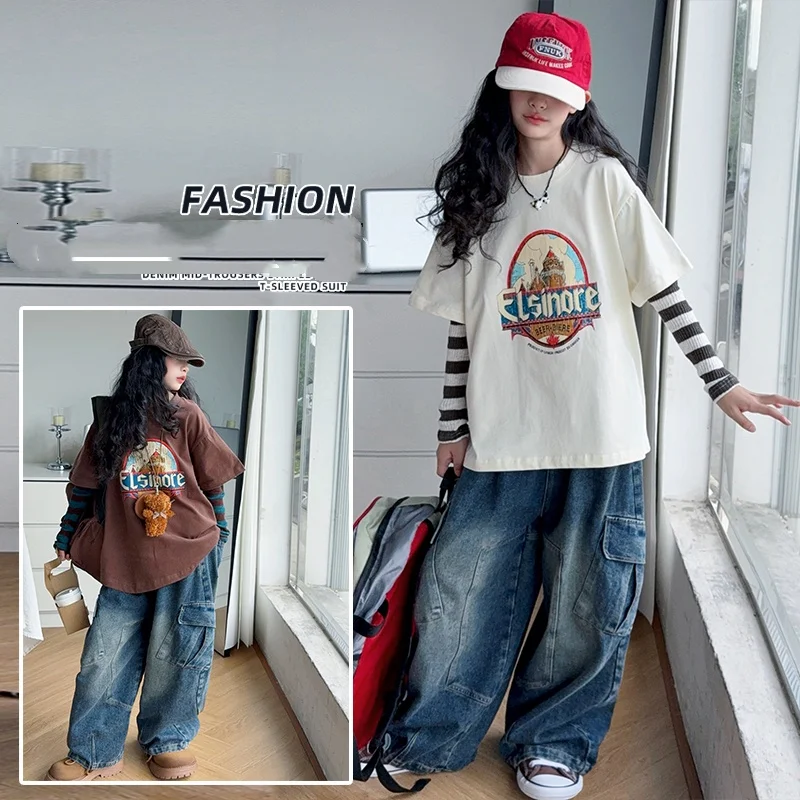

YoungGirl Clothes Set 4-14Y Kid Clothing Sets Child 2Piece Of Fake Two Tee Top+Denim Pants Bottom Toddle Streetwear Fashion Suit