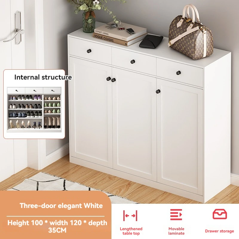 Three Doors Steel Shoe Cabinet With Drawers 4 Layers Matte White Beige Storage Waterproof And Sunproof Custom Design For Hallway