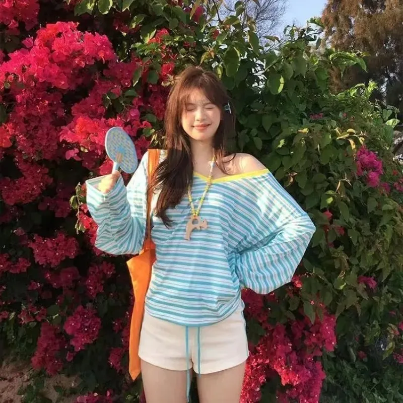 Women Striped V Neck Off Shoulder Top Two Ways Wear Long Sleeve Beach Blouse