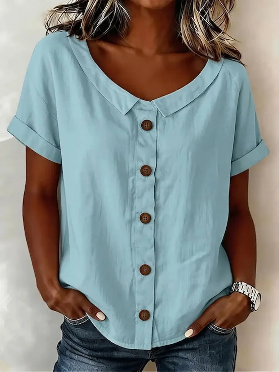2026 Summer Women's Cross‑border T‑Shirt Casual Loose Button Solid Crew Neck Short Sleeve Top
