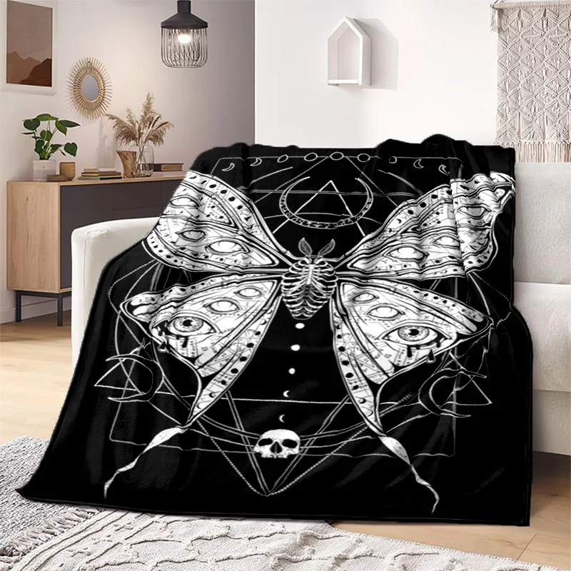 Gothic moth Throw Blanket Goat head Satan Blanket Soft Home Plush Sheet Sofa Cover Warm Blanket black  white Goth Skull Blanket