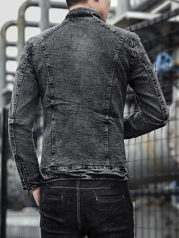 Retro Men's Slim Fit Zipper Collar Denim Jaet Faionable Urban Sle Polyester Fabric Youth Outerwear Spring Autumn Use