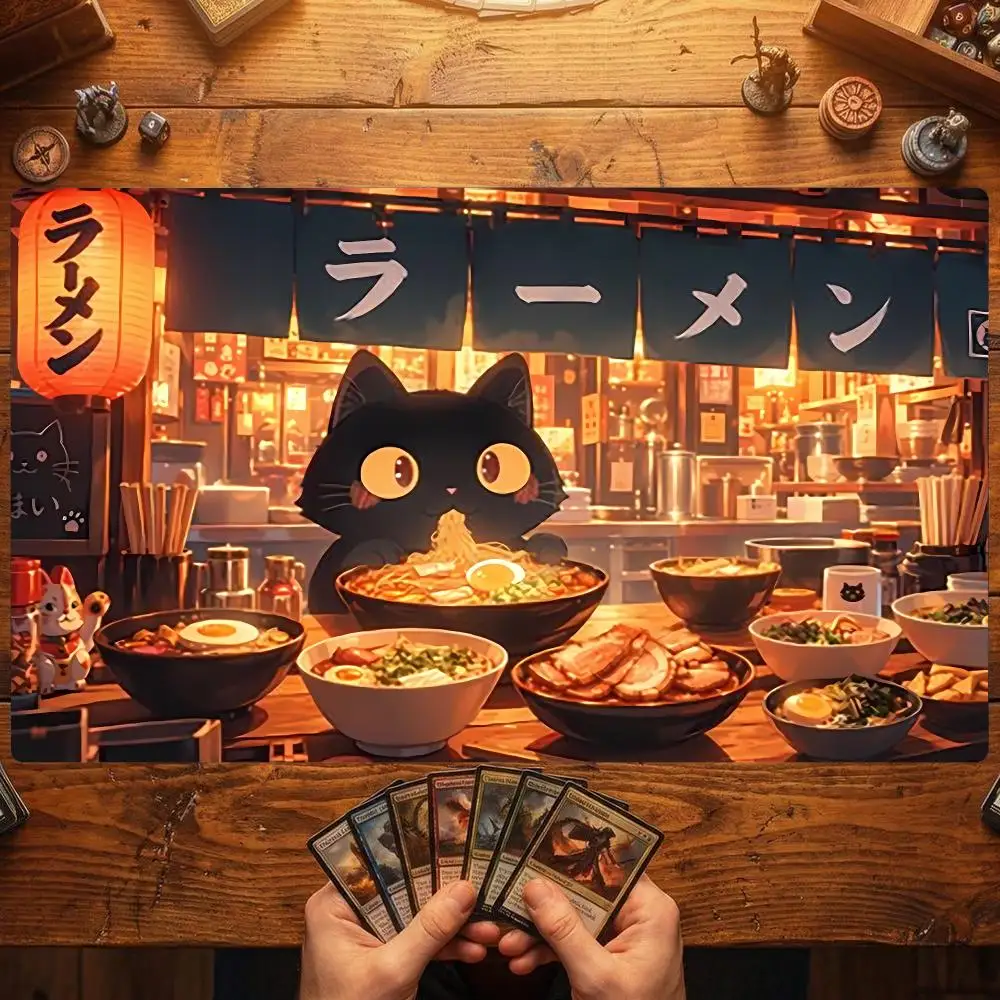 Ramen Shop Black Cat Mouse Pad Card Playmat Stitched with Magic Zones Game Mats Tabletop for MTG/TCG Gaming Mat