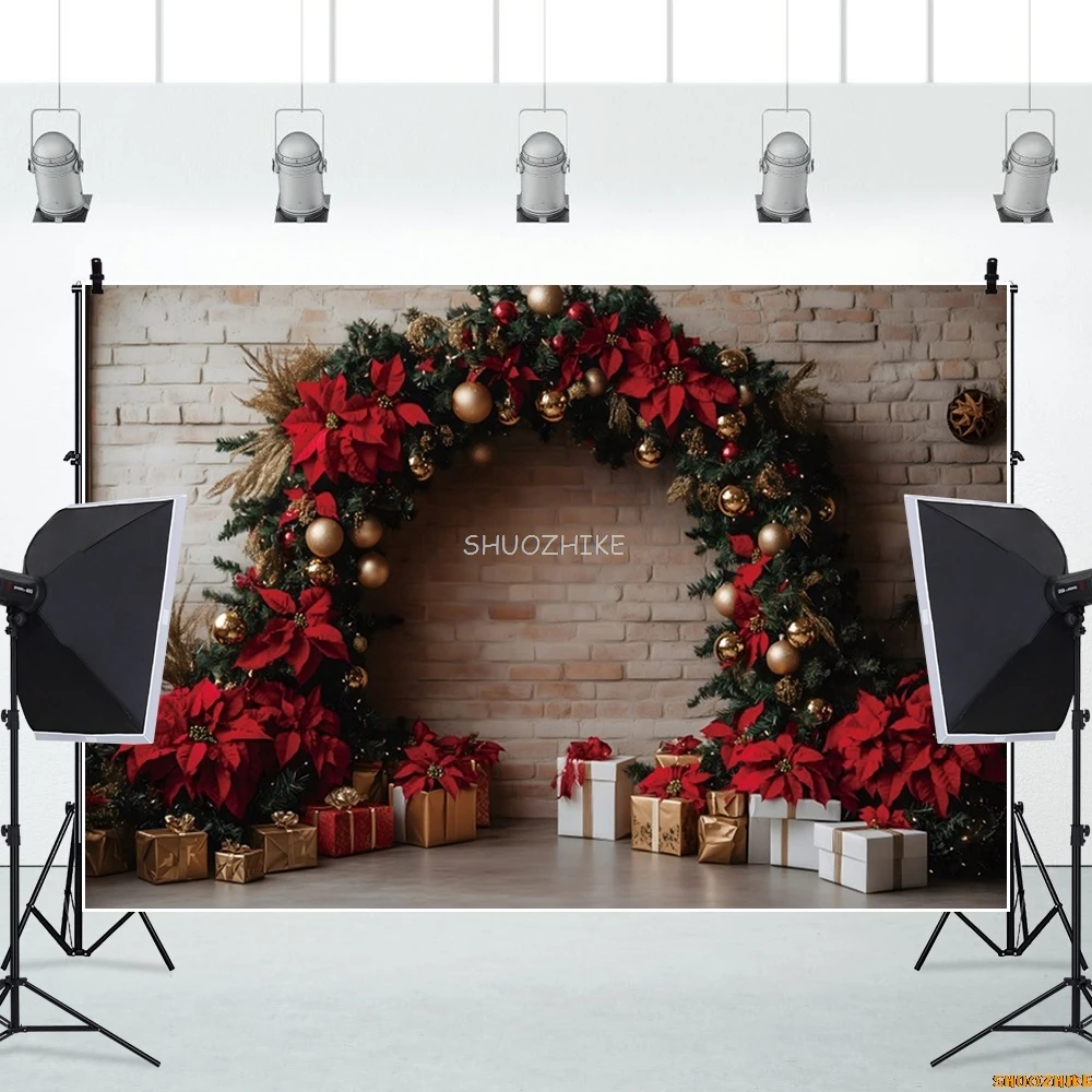 Christmas Photography Backdrop Green Leaves Red Flowers Arch Gold Bells Gifts Baby Kids Portrait Photo Background Photostudio