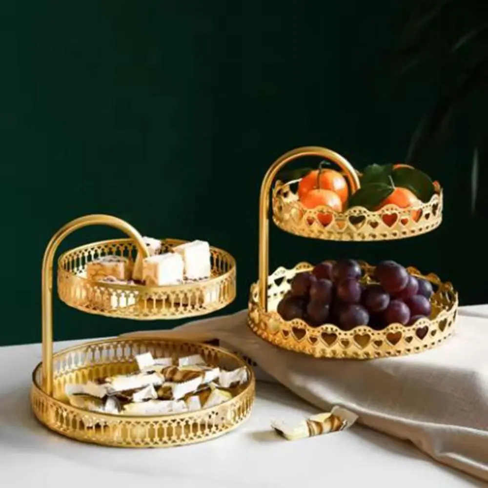 Retro Wrought Iron Nordic Pastry Tray Gold Large Capacity Fruit Serving Tray Hollow Out Decorative 2 Tier Fruit Tray Desktop