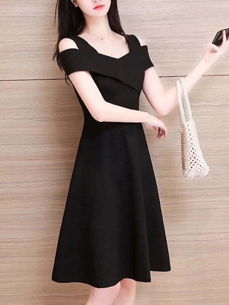 Ele Summer Bla Slimming One oulder Dr Women's Casual Sle Midi Skirt Polyester Blend Comfortable Fit A-Line Dr