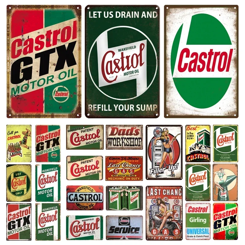 Gas Castrol  Tin Sign Motor Engine Oil Garage Decor Plaque Vintage Metal Wall Plate Signs for Gas Station Advertise Metal Poster