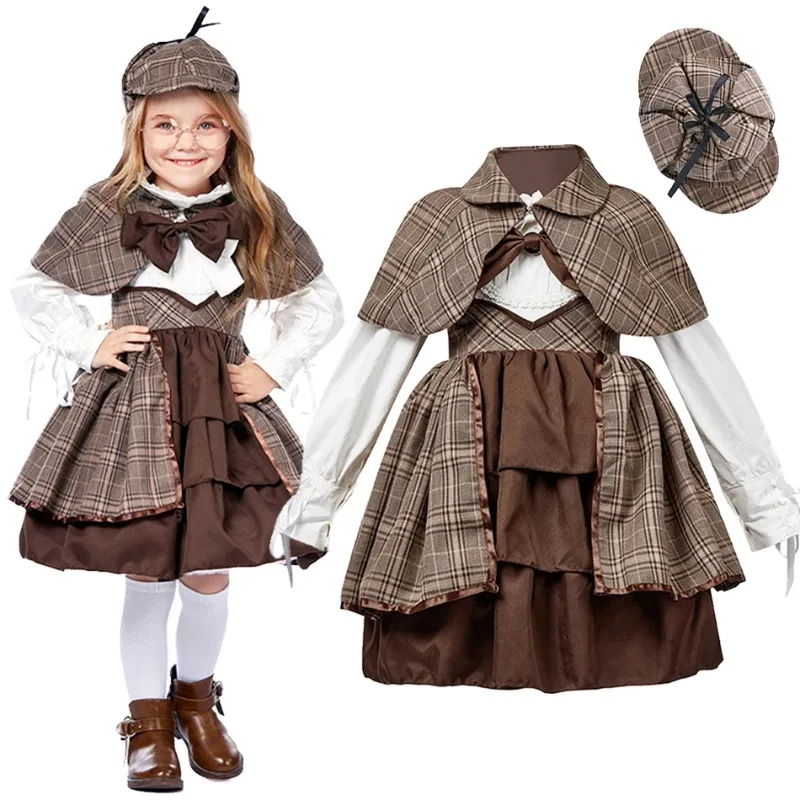 Halloween Cosplay Costume Detective Lolita Dress Preppy Style Suits with Glasses Performance Party Role Playing Outfit for Girls