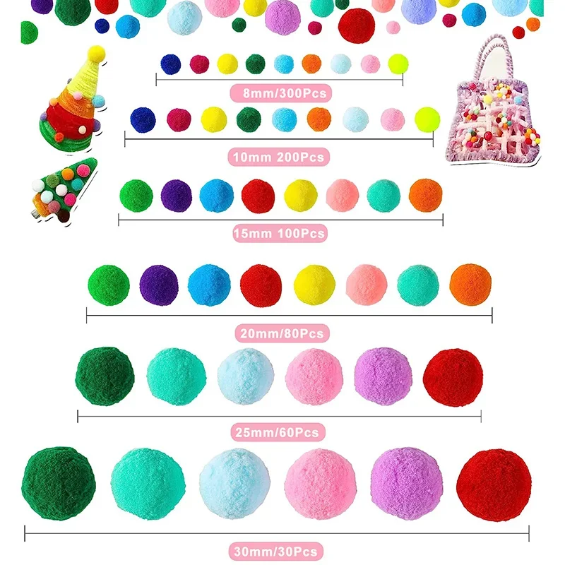 30–300 Stück flauschige weiche Bommel, Plüsch-Pompom-Kugeln, verschiedene Bommel, gemischte Bastel-Pompons, Kinder, DIY, kreatives handgefertigtes