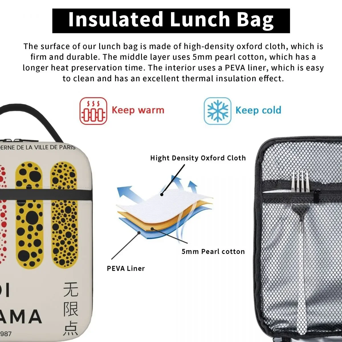 Sacs à lunch isothermes pour l'extérieur, produits d'art abstrait Yayoi Kusama, boîte de rangement des aliments, refroidisseur thermique multifonction, boîte à bento