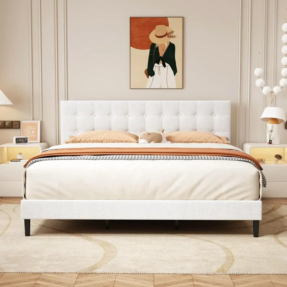 

Queen Size Upholstered Platform Bed Frame with Button Tufted Linen Headboard Wood Slat Support No Box Spring Needed White