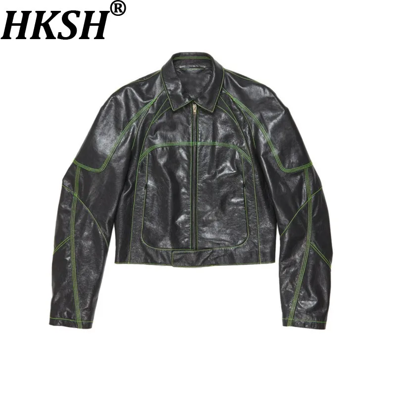 

HKSH Spring Autumn New Man Tide Dark Elegant Fashion Chic Color-Block Motorcycle Jacket Zipper Leather Oversized Ins Coat HK7995