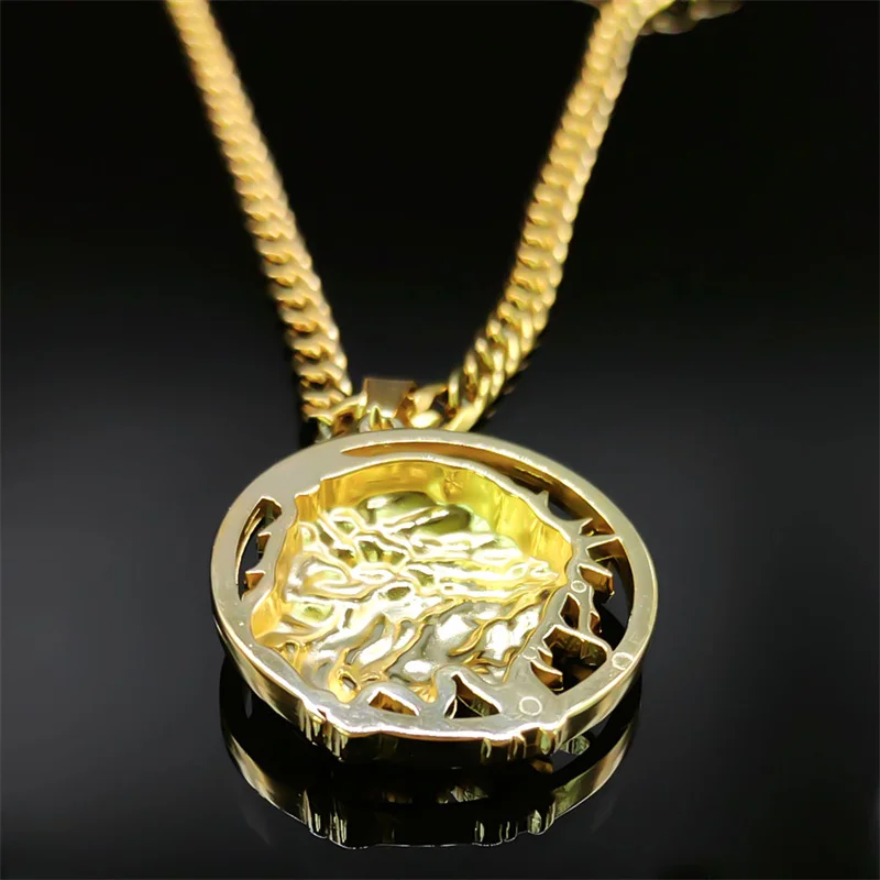 

Jesus Crown of thorns Men's Necklace Stainless Steel Gold Color Chain Crucifix Medal Male Neckalces Religious Jewelry NZZ460S05