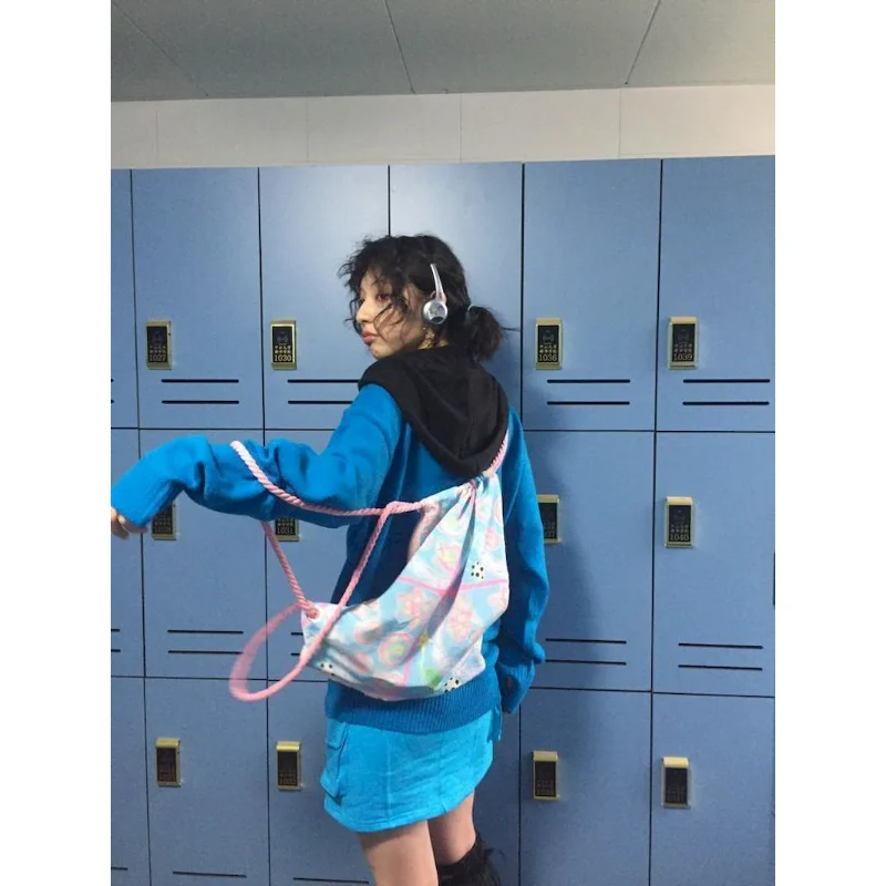 

Foufurieux Korean Personality Trendy Shoulder Bags Y2k Aesthetic Cartoon Schoolbags Women Student Harajuku Drawstring Backpacks