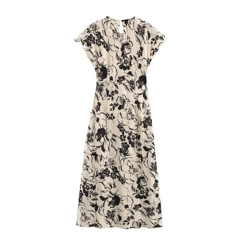 Ele Spring 2025 Damska Sukienka Midi z Jedwabiu Satynowego z Nadrukiem, Wszechstronna, Modna, Wygodna, Jednoczęściowa, Wysoka Jakość