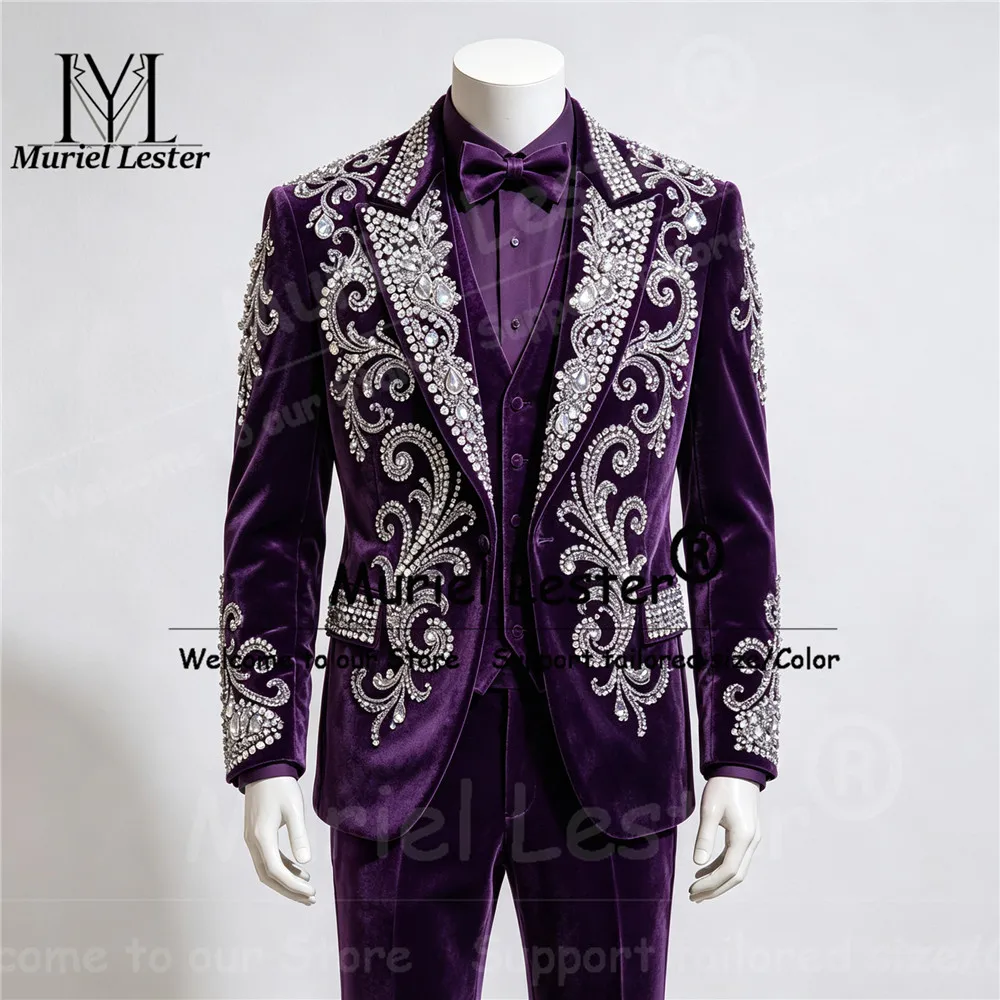 Luxury Wedding Suits For Men Slim Fit Beadwork Sequin Stones Velvet Prom Blazer Vest Pants 3 Piece Sets Groom Tuxedo Man Outfits