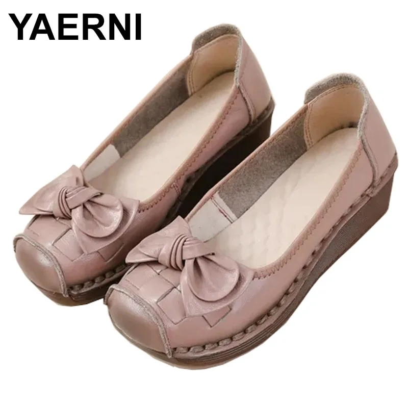 New Cowhide Slope Heel Women\'s Shoes Comfort Mother\'s Shoes Soft Sole Genuine Leather Shallow Mouth Women\'s Shoes