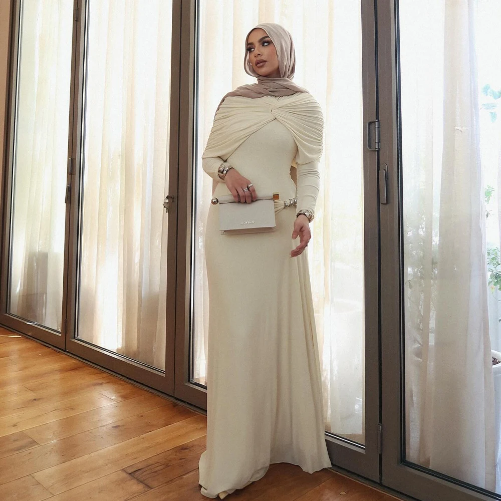 

Saudi Arabia Evening Gowns Chiffon Long Sleeves Pleats Floor Length Prom Dresses 2025 Straight Formal Occasion Gowns Customized