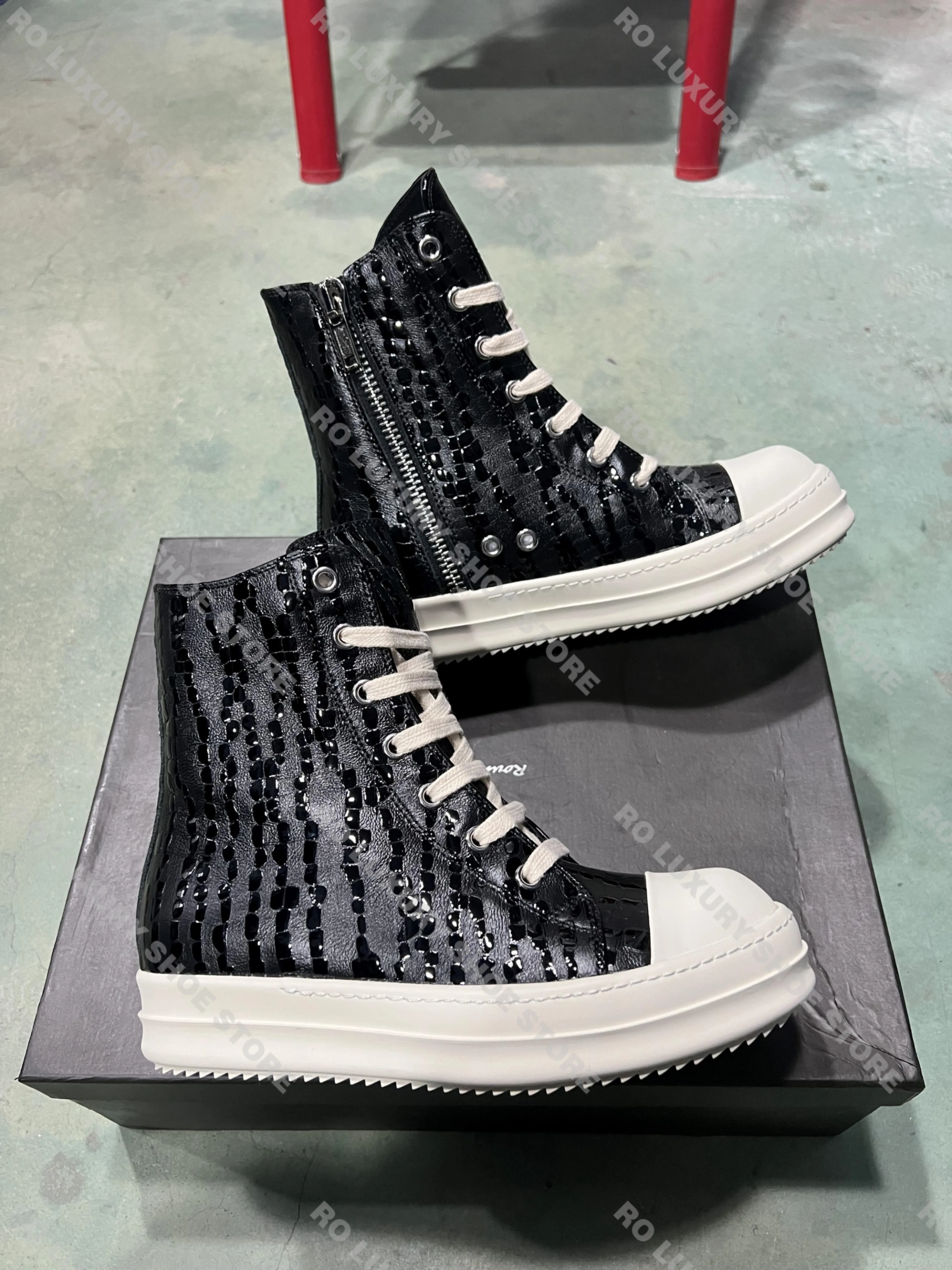 

Brand Men Sneaker Casual Women Trainer High Top Water Drop Black Designer Leather Shoe Zipper Luxury Trainer Street Flat Shoe