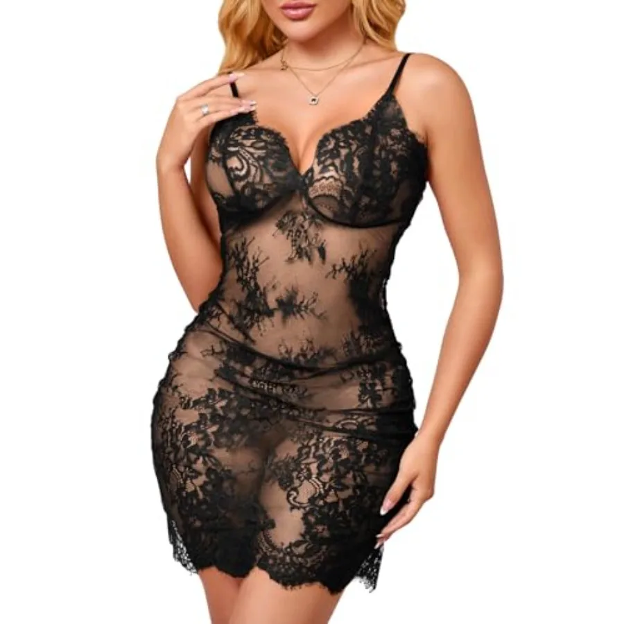 

Kolagri Womens Lace Babydoll Lingerie Sexy Spaghetti Strap Chemises Mesh Sheer Nightgowns Sleepwear Mini Dresses