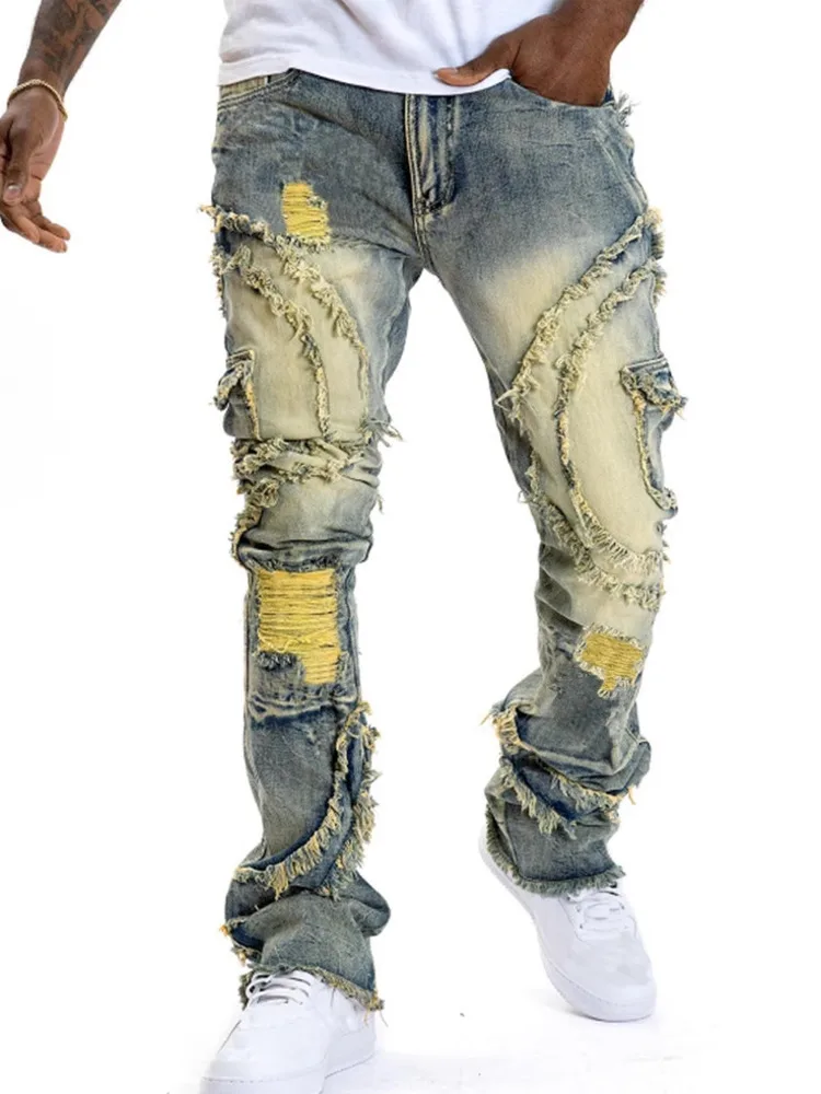 HKSH Spring Autumn New Men Tide Punk Ripped Flare Fringe Stretch Jeans Vintage High Street Denim Pants Patchwork Chic Ins HK9614