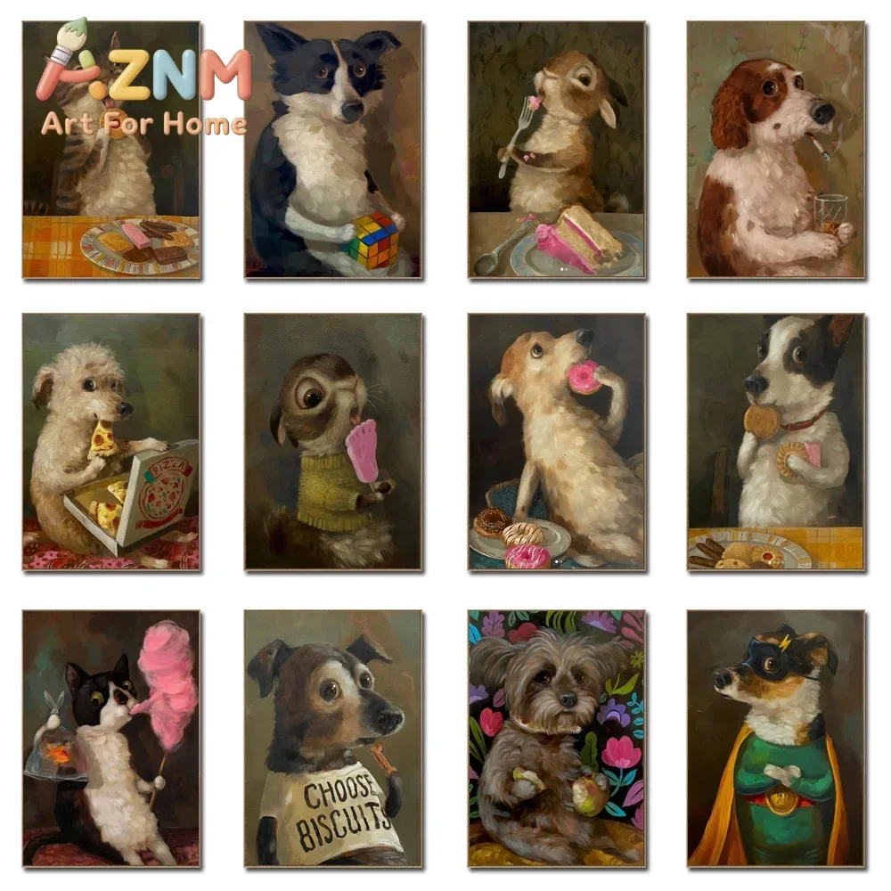 Funny Dog Eat Snacks Abstract Canvas Print Poster Vintage Cat  Cookie Cake Illustration Art Prints Kitchen Wall Art Home Decor