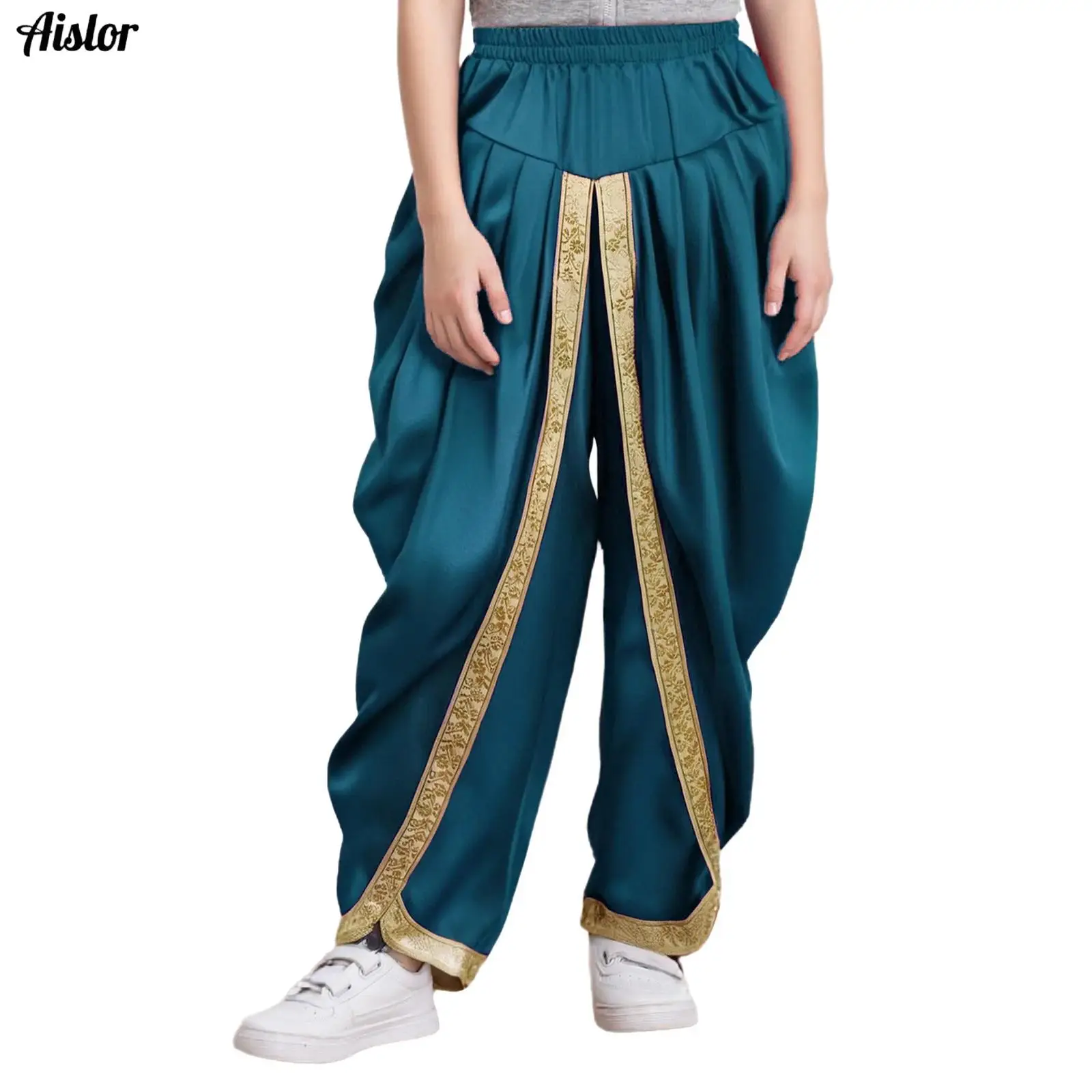 

Kids Boys Girls Satin Dhoti Pants Indian Dance Elastic Waist Draped Baggy Trousers for Halloween Party Cosplay Fancy Dress Ball