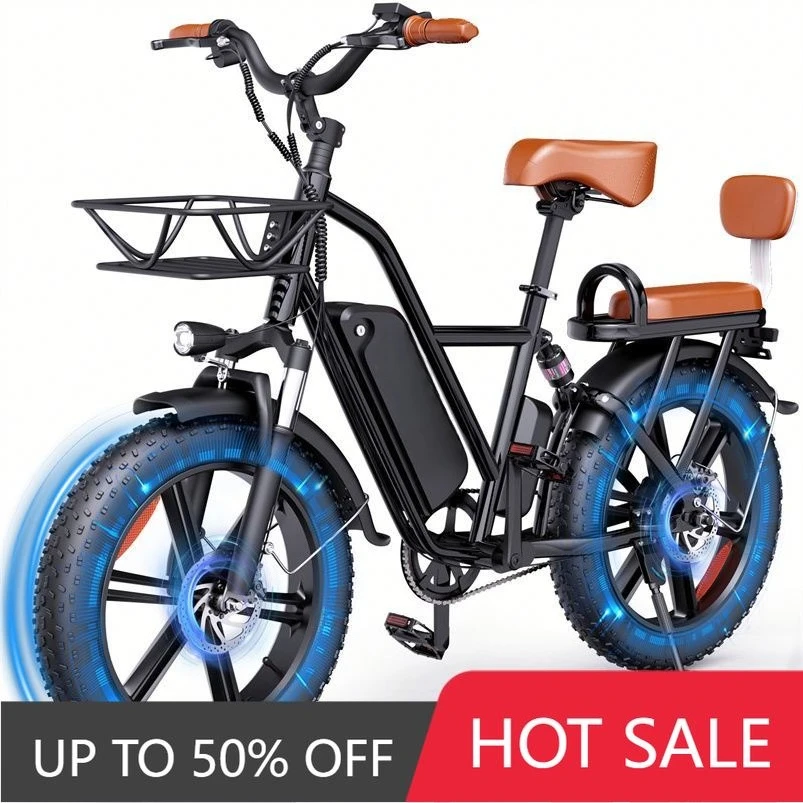 QQW 2 Seater 1000W Electric Bike Adult 30-70 Mile Range 48V 15AH Removable Lithium Battery 20 Inch 4.0 Fat Tires Beach Mountain