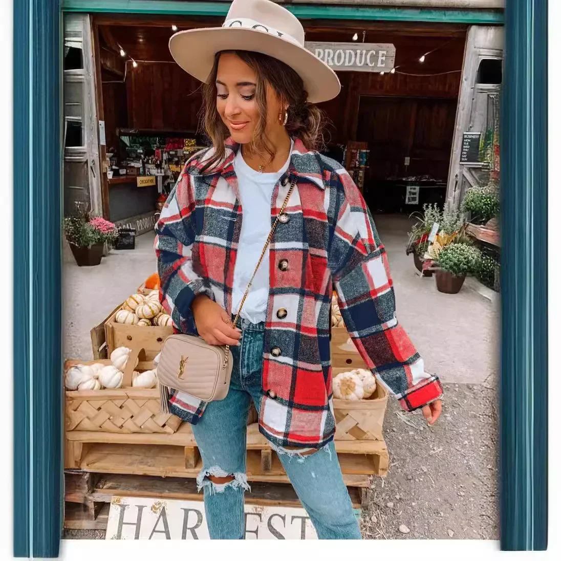 Basic Vintage Plaid Shacket Turn Down Collar Single Breasted Long Sleeve Pockets Loose Fit Warm Lady Fuzzy Winter Outerwear Coat