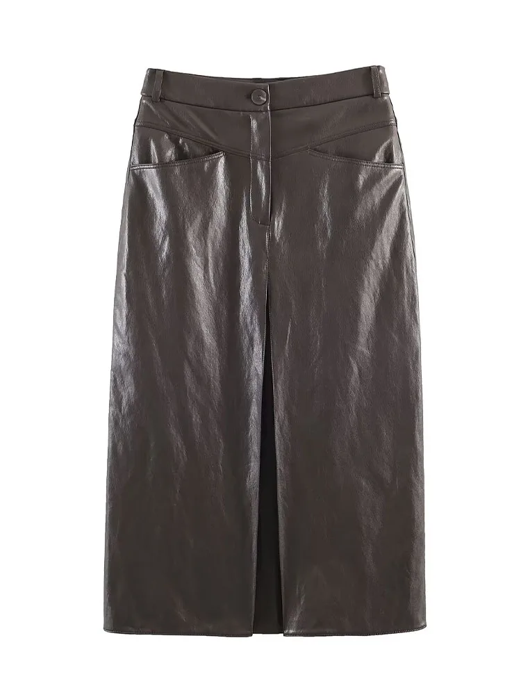 

HH Women 2026 Spring New Fashion Retro Versatile Faux Leather Pleated Skirt Female Temperament High Waist Casual Hem Slit Skirt