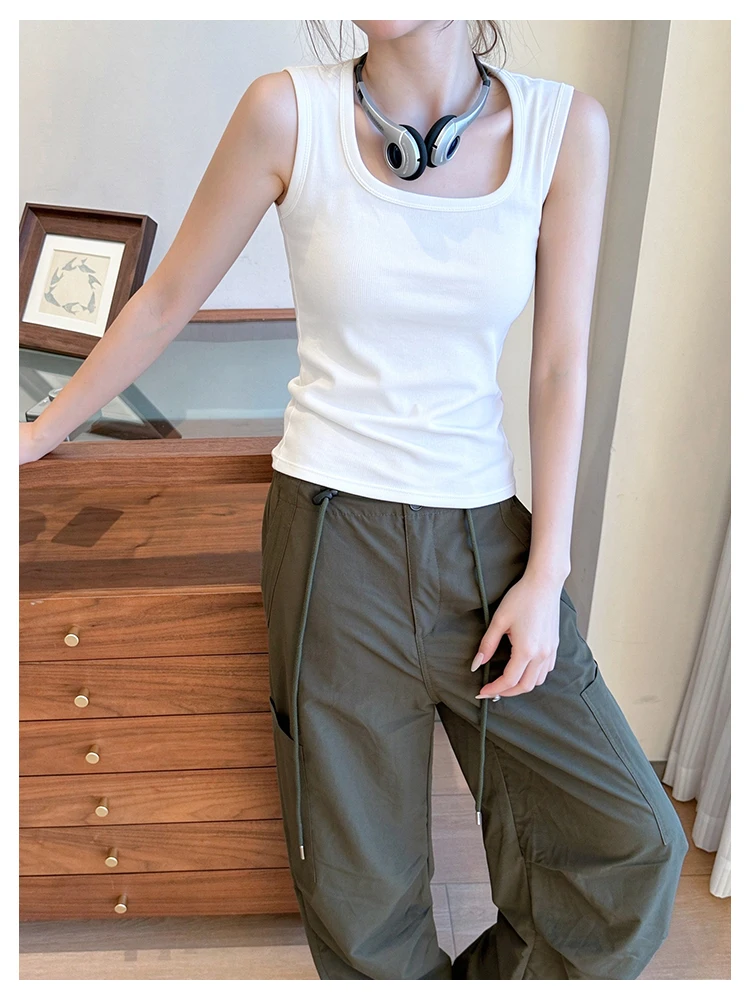 Solides ärmelloses Tanktop für Damen, Sommer-Basic-Top mit dehnbarem, quadratischem Ausschnitt, sexy schulterfreies Top – Detail 10