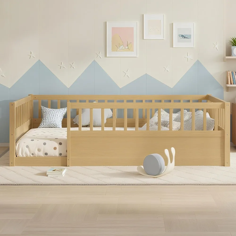 إطار سرير أرضي مزدوج الحجم من Bellemave، 19.6 إطار سرير مونتيسوري خشبي عالي السياج، سرير مزدوج بطابقين منخفض إلى الأرض، لا #4