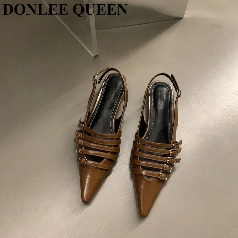 2023 New Fashion Pointed Toe Flat Heels Sandals Women Female Mule Slip On Slide Brand Narrow Band Ankle Strap Ladies Shoes Mujer