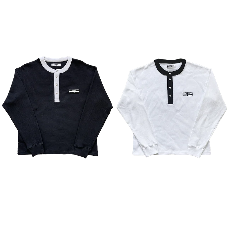 Vertabrae Men's Long Sleeve T-shirt Color Block Henry Collar Waffle Pattern Cotton Breathable Casual Summer Top