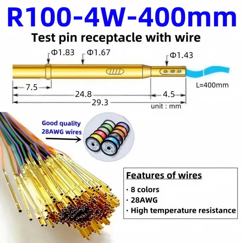 R100-4W-400mm Brass Tube Receptacle For Spring Test Probe Test Pin P100-B1 P100-B Needle Sleeve Seat 1.67mm 28AWG Wire PCB Test