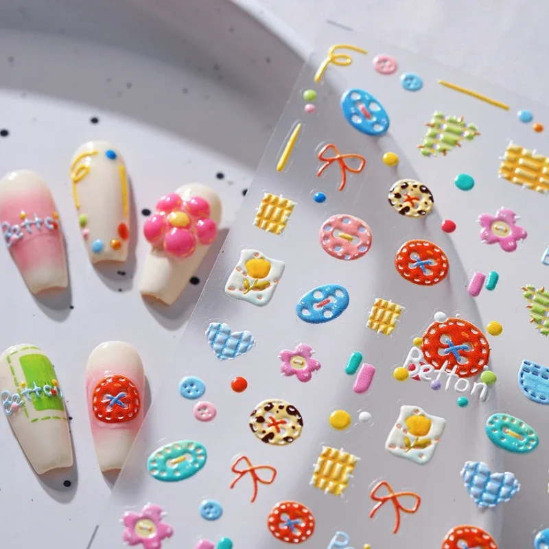 Colorful Cartoon Line Graffiti Spray Painting Doodle Button Bowknot Embossed Reliefs Nail Art Sticker Cute Animal Manicure Decal