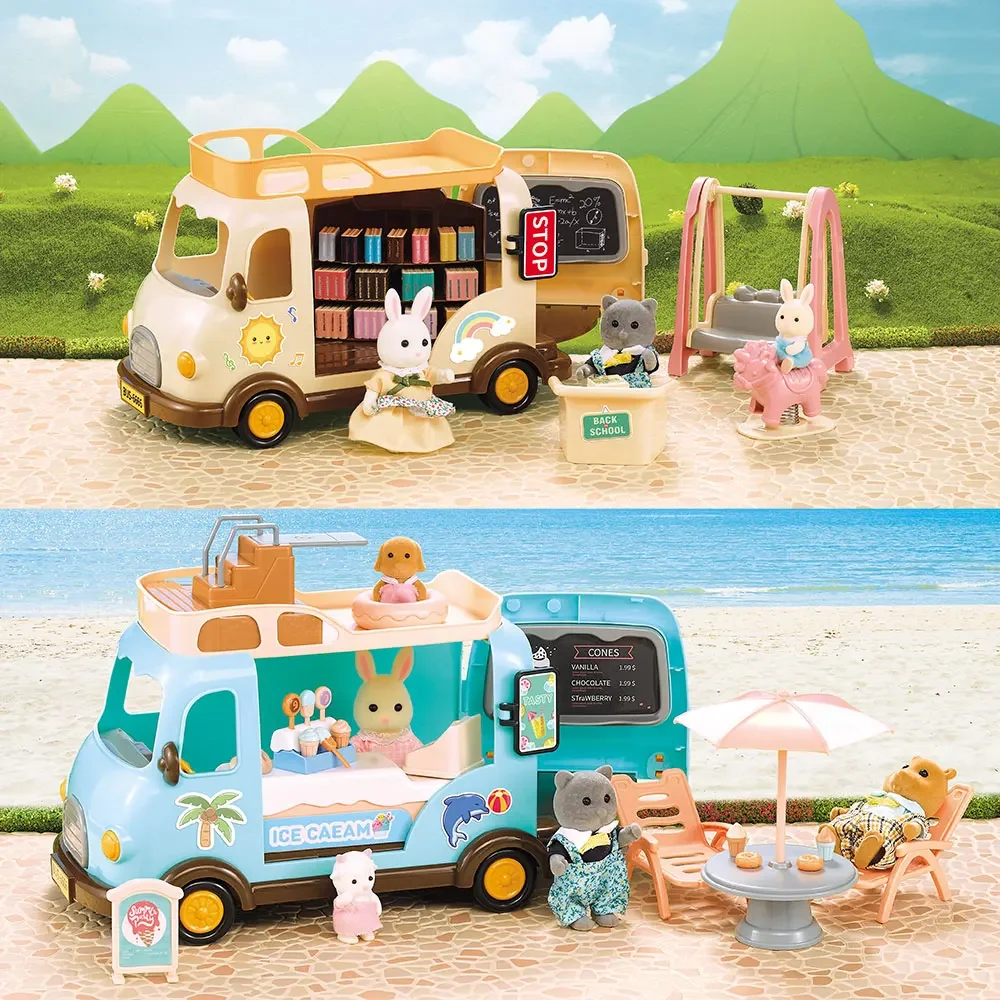 

Shelf Dollhouse Forest Family Ice Cream Sales School Bus Book Toys Vehicle Miniature Furniture For Girl Play House Birthday Gift