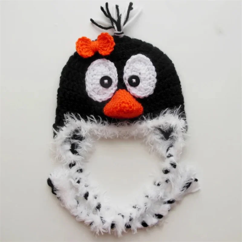 Pure Handmade crocheted Penguin style hat Newborn Photography Accessories carton winter warm windproof hat