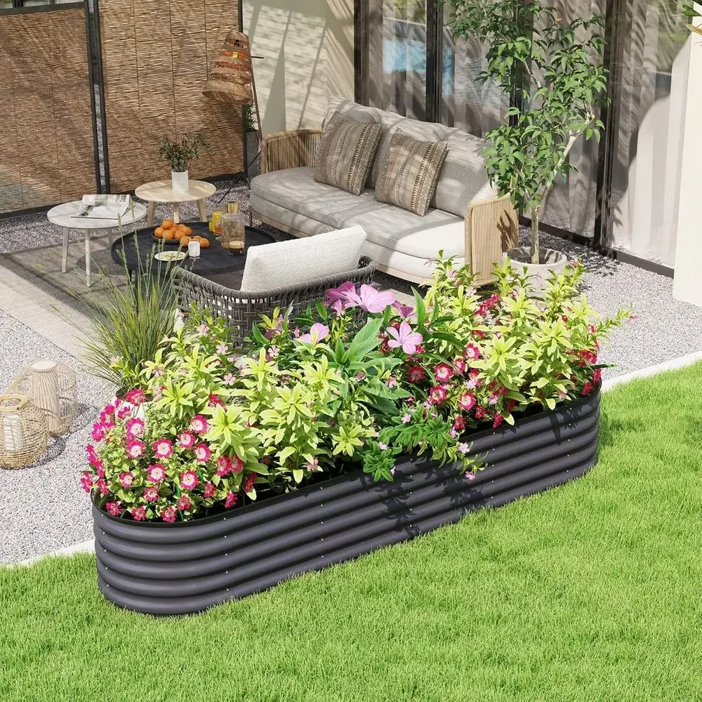 8' x 2' x 1.4' Galvanized Metal Raised Garden Bed, Outdoor Elevated Planter with Safety Edging, DIY Kit for Growing Flowers, Her