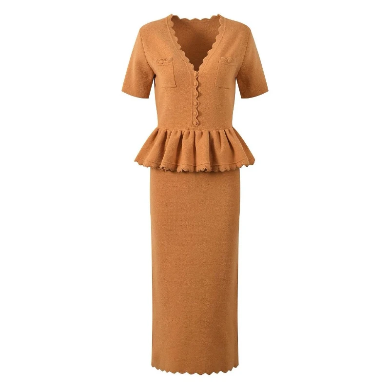 

Luxury Faux Two Piece Peplum Knit Dress Women Elegant Retro Scalloped Gown Sexy Restaurant Date Party Club Birthday Dresses