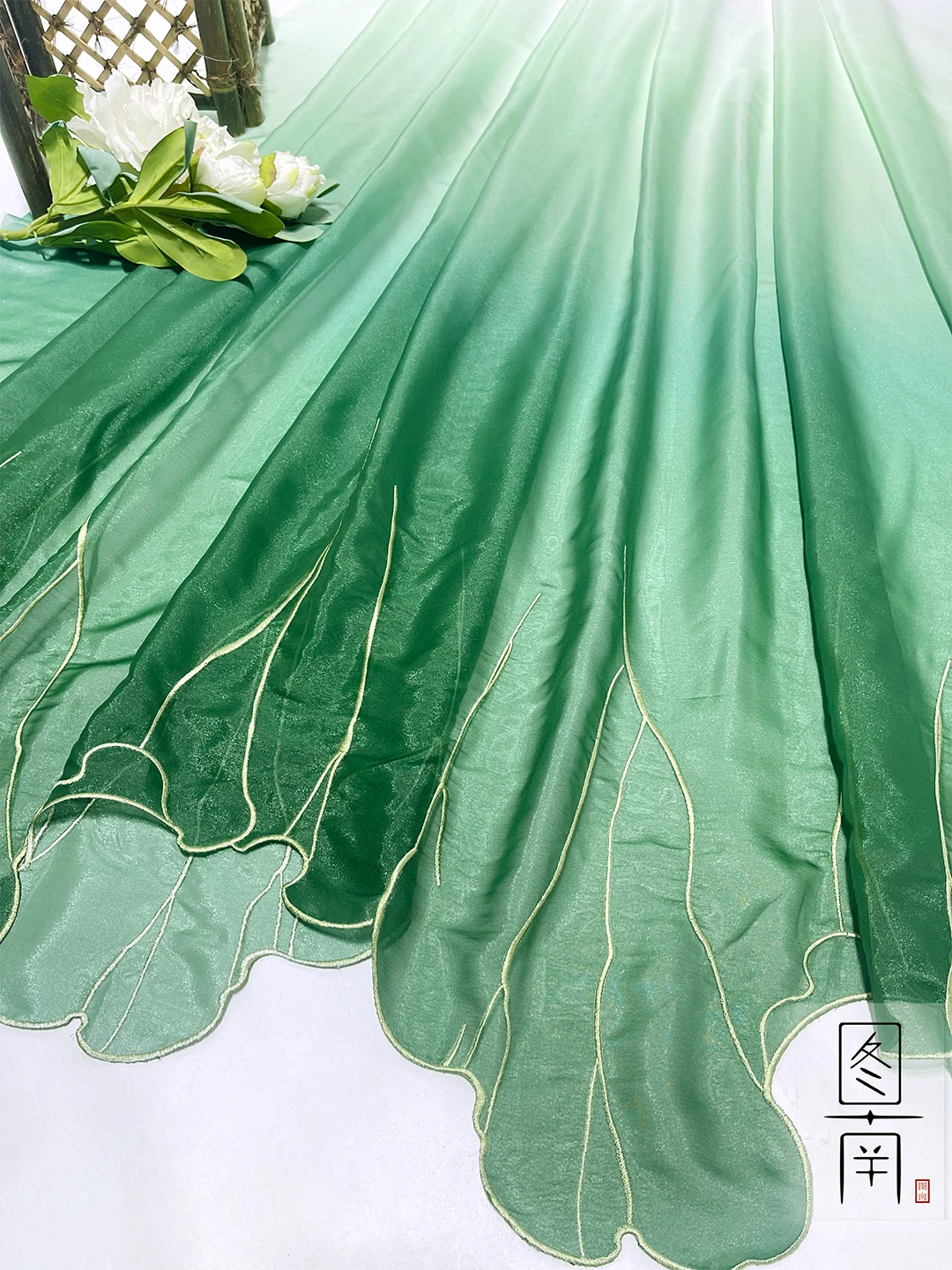 Chinese classical style Printed green leaf chiffon embroidery fabric DIY hanfu shirts doll cloth 1meter