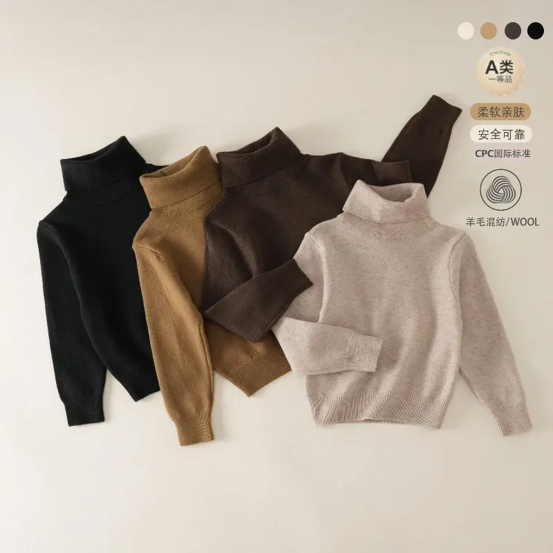 Kids' Wool High-Neck Pullover 80-160cm - Winter Long-Sleeve, Knitted Warm Base Layer, Unisex