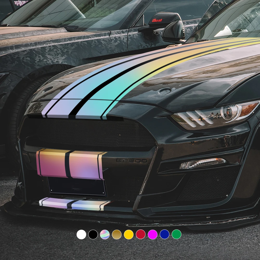 Car stickers, full-body vinyl decals with racing stripe design, fits Ford Mustang roof and hood (multiple colors)