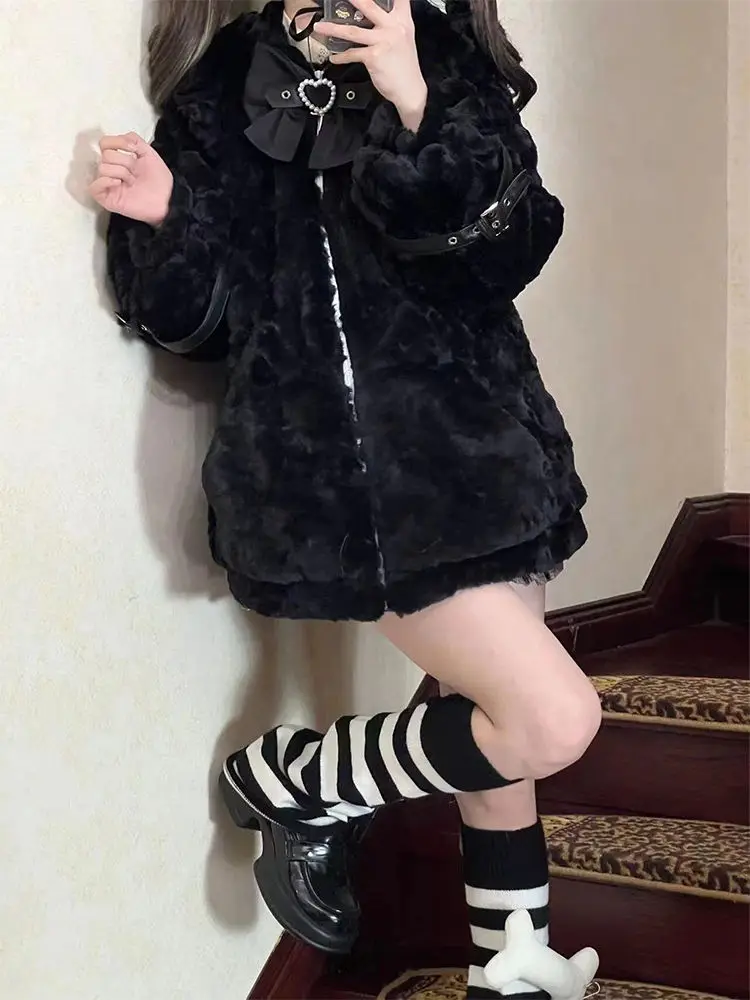 

Черные женские пальто, осень-зима, Kawaiii, милые толстовки с капюшоном, японский утолщенный теплый кардиган, куртки Chaqueta Mujer